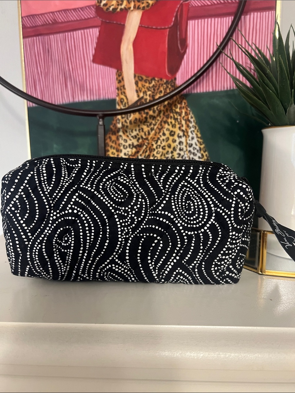 Vera Bradley Black Cosmetic Pouch with White Dot Swirl Pattern